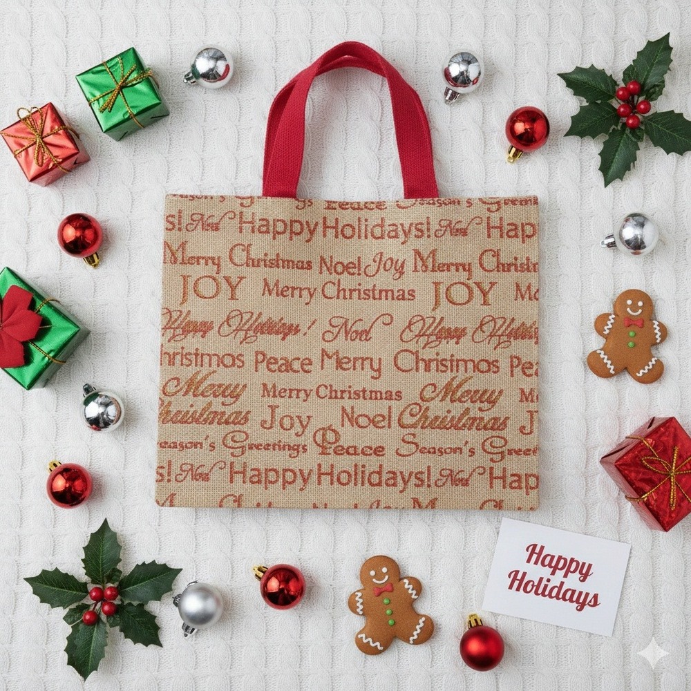 Christmas Holiday Burlap Tote Bag Happy‎ Holidays Noel Joy